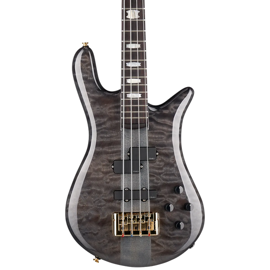 A four-string bass guitar with a dark, flamed maple wood body, black hardware, and a gold bridge, shown against a solid white background.