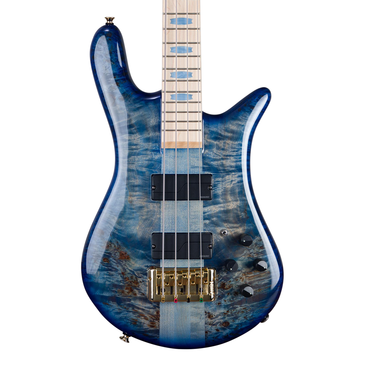 CHUCKSCLUSIVE Spector Euro 4 LT Poplar Burl Over Ash Electric Bass Guitar - Faded Light Blue Gloss