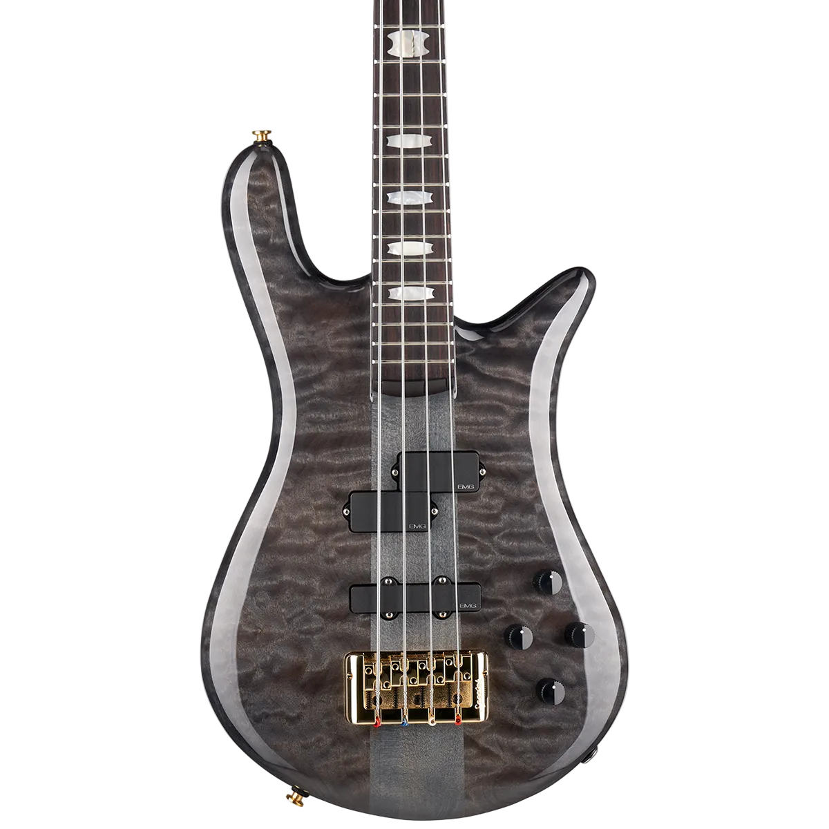A four-string bass guitar with a dark, flamed maple wood body, black hardware, and a gold bridge, shown against a solid white background.