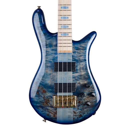CHUCKSCLUSIVE Spector Euro 4 LT Poplar Burl Over Ash Electric Bass Guitar - Faded Light Blue Gloss